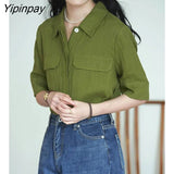 Yipinpay 2023 Summer Casual Short Sleeve Chiffon Shirt Women Vintage Pocket Button Ladies Ladies Blouse Female Clothing Tops