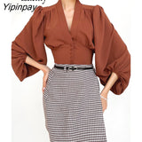 Yipinpay 2023 Spring New Vintage Lantern Sleeve Slim Women Shirt Korea Style Button Up Woman Short Blouse Female Clothing Tops