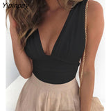 Yipinpay Women Summer Fashion Sexy Solid Plunge Ruched Casual Tank Top Crop Slim Sleeveless Skinny