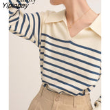 Yipinpay 2023 Winter Vintage New In Long Sleeve Stirped Sweaters Women Korea Style Turn Down Collar Knit Pullovers Female Tops
