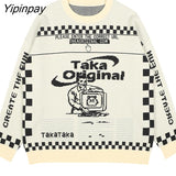 Yipinpay Men's Oversized Pattern Sweater Fashion Loose Trend American Retro Round Neck 2023 Winter Jacquard Knit Sweater Women's Sweater