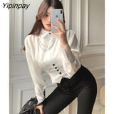 Yipinpay French Style Long Batwing Sleeve Women White Shirt Elegant Necklace Button Slim Ladies Blouse 2023 Summer Female Crop Top