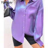 Yipinpay 2023 Spring Minimalist Long Sleeve Women Basic Satin Shirt Office Lady Button Up Loose Woman Tunic Blouse Female Clothing