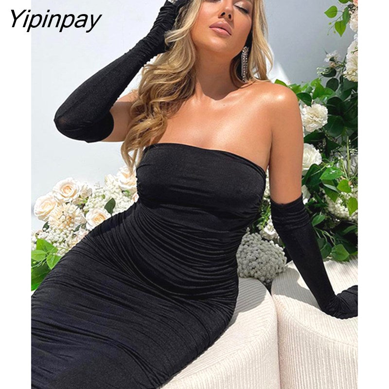 Yipinpay Strapless Backless Tight Dress Woman Sexy Fold Off Shoulder Fashion Dresses Lady Club Bar Banquet Summer Gloves Outfit