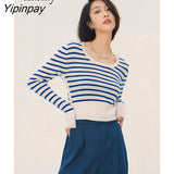 Yipinpay 2023 Winter Korean style Long Sleeve Slim Strip Sweater Women Patchwork Ladies Crop Tops Pullover Female Tops Clothing