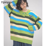 Yipinpay 2023 Winter Long Sleeve Turn Down Collar Women Sweater Striped Korean Style Oversize Ladies Knit Pullover Female Clothing