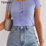 Yipinpay Knitted Ribbed Crop Tops For Women T Shirts Summer 2023 Streetwear Button Up Black Green Tees Sexy Bodycon Short Tops