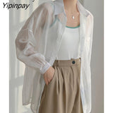 Yipinpay 2023 Summer Long Sleeve Chiffon White Shirt Women Transparent Button Sun Protection Ladies Blouse Beach Female Clothing