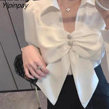 Yipinpay 2023 Summer Sweet JK Women White Shirt Long Sleeve Bow V Neck Chiffon Ladies Blouse Casual Party Female Clothing Tops