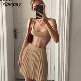 Yipinpay White Two Piece Set For Women Summer 2023 Camisole Tops and Pleated Skirts Sleeveless Backless Outfits Knitted Skirt Sets