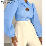 Yipinpay 2023 Spring New Office Lady Long Sleeve Women Whiter Shirt Patchwork Solid Hollow Out Woman Crop Tops Blouse Work Female