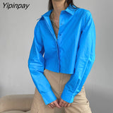 Yipinpay 2023 Spring Minimalist Long Sleeve Women Blue Shirt Korea Style Button Up Solid Woman Crop Tops Blouse Female Clothing