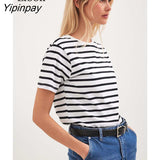 Yipinpay Summer Striped T Shirt Women Loose Top New 2023 Casual All Match Basic Tees O Neck Baggy Tshirt Streetwear Cotton Tops