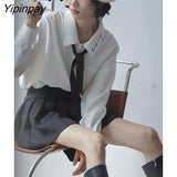 Yipinpay 2023 Spring Minimalist Long Sleeve Embroidery Shirt Women Korean Style Solid Tie Oversize Shirts Blouse Loose JK Tops