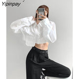 Yipinpay 2023 Spring Streetwear Long Sleeve White Shirt Women Y2K Loose Pocket Button Up Crop Tops Blouse Korean Style Clothing