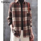 Yipinpay 2023 Winter Korean Style Long Sleeve Loose Plaid Shirt Women Causal Button Up Tunic Blouse Female Tops Clothing