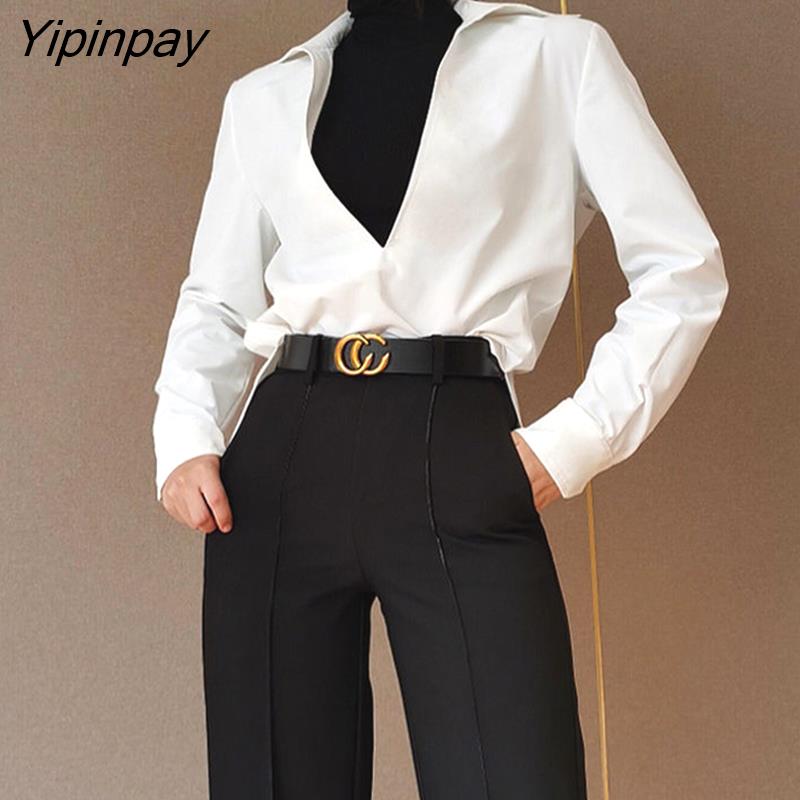Yipinpay Spring Korean style White Women Blouse Long Sleeve Turn Down Collar Solid Color Female Tunic Shirt Office Ladies Tops Tunic