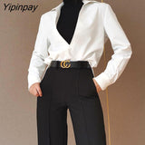 Yipinpay Spring Korean style White Women Blouse Long Sleeve Turn Down Collar Solid Color Female Tunic Shirt Office Ladies Tops Tunic