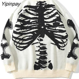 Yipinpay Men Oversized Sweater Black Loose Skeleton Bone Print Women Vintage Retro Knitted Sweater 2023 Autumn Cotton Pullover Unisex
