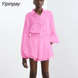 Yipinpay Linen Two Piece Baggy Shirts Set Women Loose Blouse Tops And Shorts High Waist Streetwear 2023 Summer White Outfits Sets