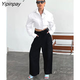 Yipinpay 2023 Spring Streetwear Long Sleeve Shrug Women White Shirt Minimalist Button Up Bandage Woman Crop Tops Blouse Clothing
