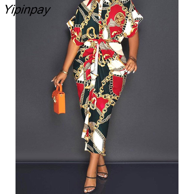Yipinpay Women's Satin Printed Slim Maxi Dress Summer Casual Button Lace Up Short Sleeve Dress Elegant Fashion Office Lady Dresses