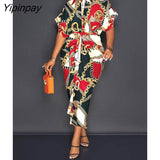 Yipinpay Women's Satin Printed Slim Maxi Dress Summer Casual Button Lace Up Short Sleeve Dress Elegant Fashion Office Lady Dresses