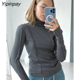 Yipinpay Solid Long Sleeve T Shirts Spring Women Solid Turtleneck Elegant Bright Line Slim Soft Tees 2023 Y2K Ladies Blouse