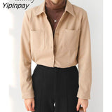 Yipinpay 2023 Winter Korean Style Long Sleeve Pocket Shirt Women Office Lady Button Up Tunic Blouse Fall Work Female Clothing Tops