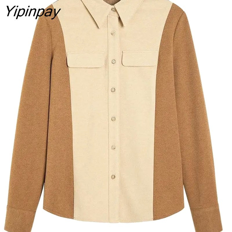 Yipinpay 2023 Winter Patchwork Long Sleeve Thick Shirt Women Office Lady Button Up Tunic Blouse Work Female Autumn Clothing Tops