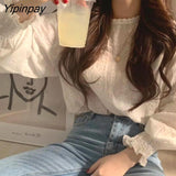 Yipinpay Spring Fashion Korea Style Loose Chiffon Women Blouse Lantern Sleeve Solid Lace White Ladies Shirts O Neck Female Clothing