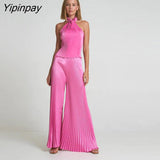 Yipinpay Pleated Halter Backless Tops And Pants 2 Piece Set Women Fashion Solid Wide Leg Trousers Suits 2023 Spring Chic Tracksuits