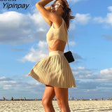 Yipinpay White Two Piece Set For Women Summer 2023 Camisole Tops and Pleated Skirts Sleeveless Backless Outfits Knitted Skirt Sets