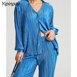 Yipinpay Shirt Suits Pleated Notched Single-Breasted Female Cardigan Two-Piece Loose Shirts and High-Waist Wide-Leg Pants Sets