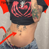 Yipinpay skeleton women's T-shirt Harajuku Y2K black sweet girl slim skull print fun vintage graphic clothes crop top E-girl