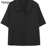 Yipinpay Office Lady Short Sleeve Black Shirt Women Double-Layer Collar Ladies Blouse 2023 Summer Button Up Female Clothing Tops