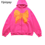 Yipinpay Fashion Oversized Butterfly Rosette Graphic Bow-Knot Zip Up Hoodies E-girl 90s Streetwear Bow Grey Long Jacket Autumn