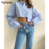 Yipinpay Spring New In Streetwear Asymmetrical Women Shirt Y2K Long Sleeve Pocket Button Up Woman Crop Tops 2023 Blouse Clothing