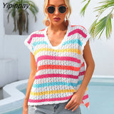 Yipinpay Knit T Shirt Women Knit Top 2023 New Arrivals In Knitwears All Match Basic Tees V Neck Hollow Out Sexy Tshirt Loose Tops