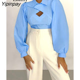 Yipinpay 2023 Spring New Office Lady Long Sleeve Women Whiter Shirt Patchwork Solid Hollow Out Woman Crop Tops Blouse Work Female