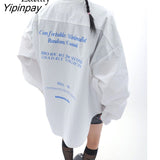 Yipinpay 2023 Autumn Oversize Long Sleeve White Long Shirt Women Streetwear Button Up Letter Print Ladies Tunic Blouse Female Tops
