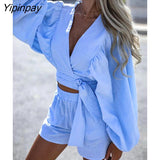 Yipinpay Women Casual Loose V Neck Crop Top And Straight Shorts Two Piece Set Female Solid Lace Up Long Sleeve Shirts Tops And Shorts Set