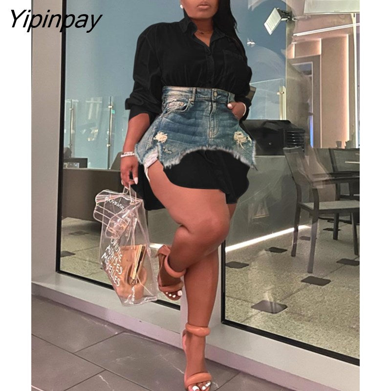 Yipinpay Women Shirt Dress With Denim Skirt Set Casual Long Sleeve Turn-down Collar Blouse Irregular Mini Skirt Two 2 Piece Set