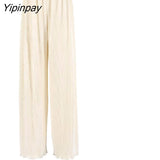 Yipinpay Shirt Suits Pleated Notched Single-Breasted Female Cardigan Two-Piece Loose Shirts and High-Waist Wide-Leg Pants Sets