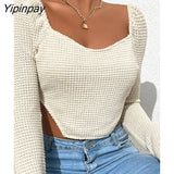 Yipinpay Women Square Collar Knitted Long Sleeve Crop Top 2023 Solid Autumn Skinny Hollow Out Basic Pullover Fashion Female Streetwear