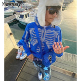 Yipinpay Men Fashion Hoodie Skull Rhinestone ZipUp Hoodie grunge Oversized Sweatshirt Punk Harajuku Long Sleeve Outerwear Y2k clothes men