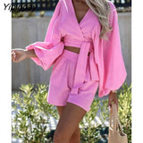 Yipinpay Women Casual Loose V Neck Crop Top And Straight Shorts Two Piece Set Female Solid Lace Up Long Sleeve Shirts Tops And Shorts Set