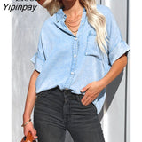 Yipinpay Women Loose Denim Shirt Sexy Tops And Blouses With Pockets Streetwear Turndown Collar Button Up Cardigan Blue Jean Shirts