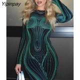 Yipinpay Streak 3D Printing Maxi Dress Women Hipster O Neck Long Sleeve Straight Robe Female High Street Backless Bodycon Dresses