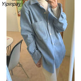 Yipinpay 2023 Winter Korean Style Oversize Long Sleeve Corduroy Shirt Women Casual Button Up Loose Ladies Tunic Blouse Female Tops